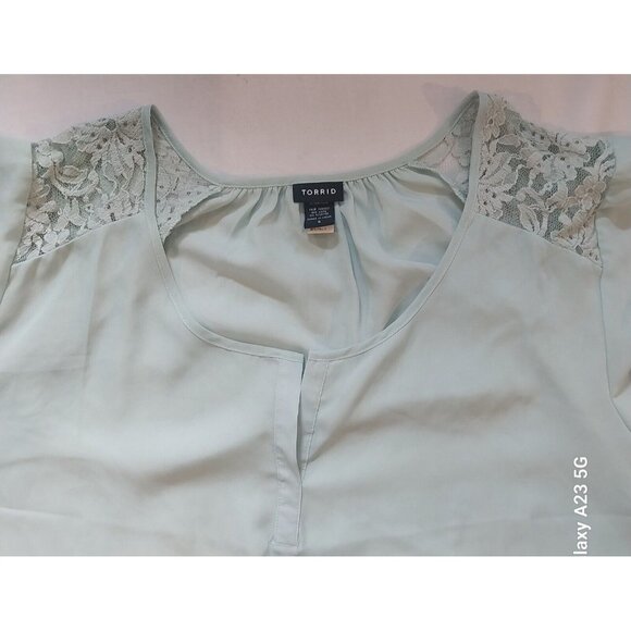 Torrid Light Mint Lace-Trim Flutter Sleeve Blouse Size 5 Polyester Cotton Blend - Picture 2 of 9
